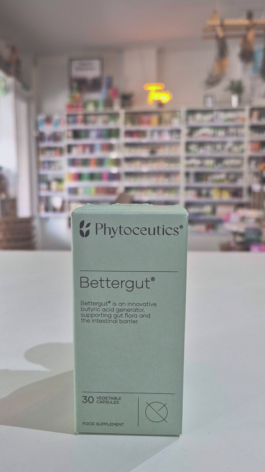 Phytoceutics Bettergut supplement bottle and packaging on a table