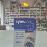A box of Lamberts Eyewise Omega 3 supplements featuring an image of an eye and highlighting the product's benefits for maintaining normal vision video.