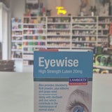 Packaging for Lamberts Eyewise High Strength Lutein 20mg supplement, displaying an image of an eye and highlighting the lutein content along with other ingredients like bilberry, blackberry, and grapeseed extracts video