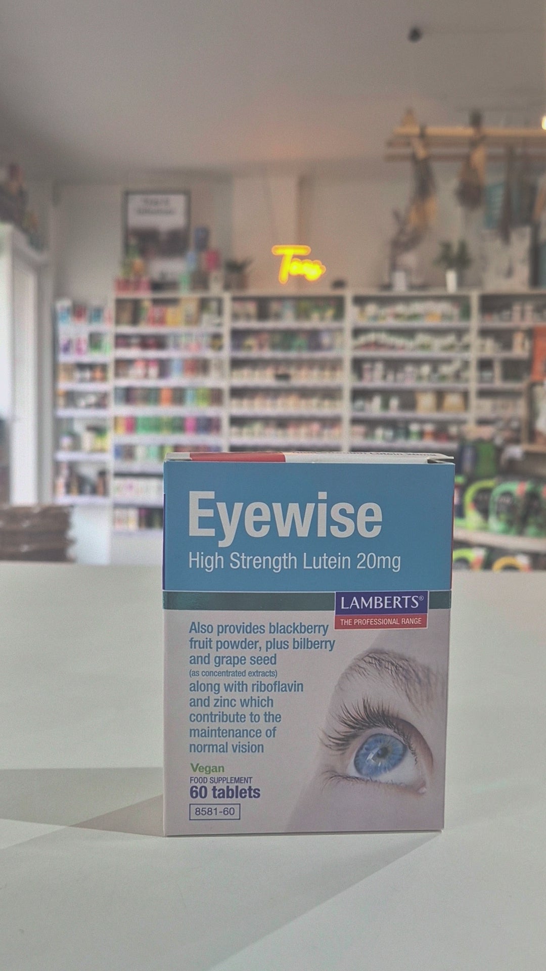 Packaging for Lamberts Eyewise High Strength Lutein 20mg supplement, displaying an image of an eye and highlighting the lutein content along with other ingredients like bilberry, blackberry, and grapeseed extracts video