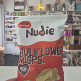 Nudie Katsu Cauliflower Crisps bag with a store interior in the background