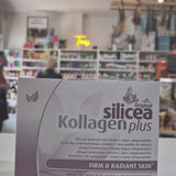 Box of Hubner Silicea Kollagen Plus collagen supplement with various ingredients listed on the package.
