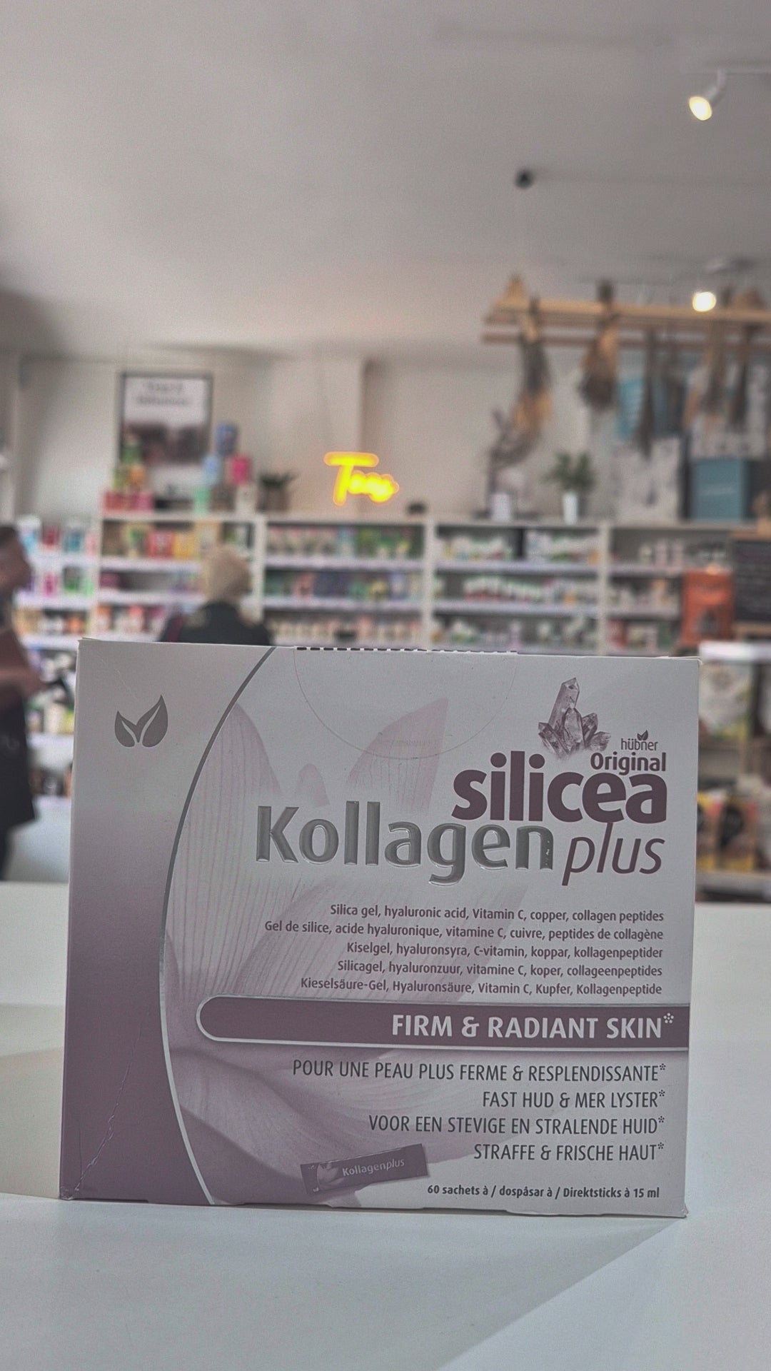 Box of Hubner Silicea Kollagen Plus collagen supplement with various ingredients listed on the package.