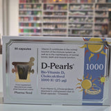 Box of D-Pearls 1000 capsules with a blurred bookstore background