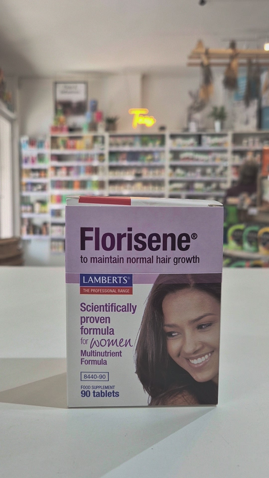 Box of Lamberts Silica Complete supplement on a counter with a store background video