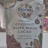 Biona Organic Coconut Wafer Rolls Cacao packaging on a white background