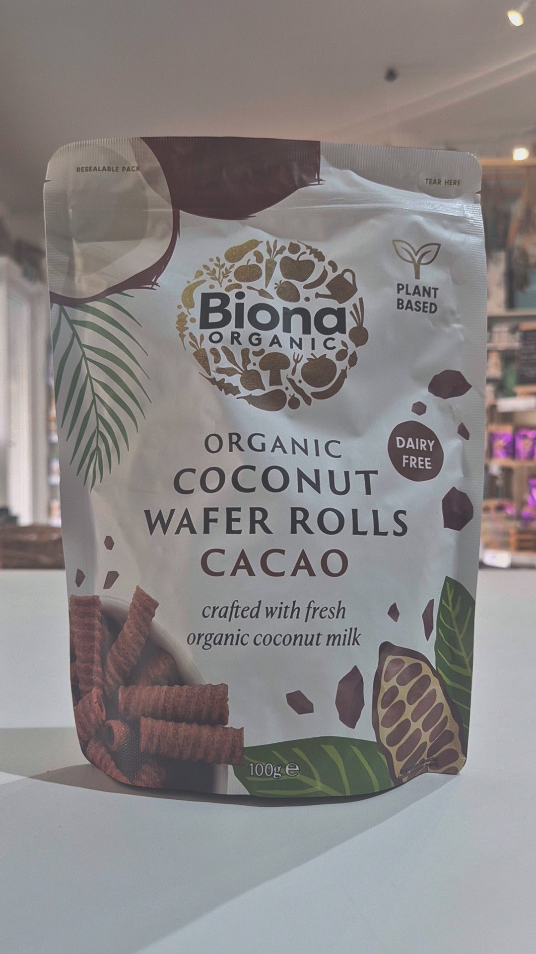 Biona Organic Coconut Wafer Rolls Cacao packaging on a white background