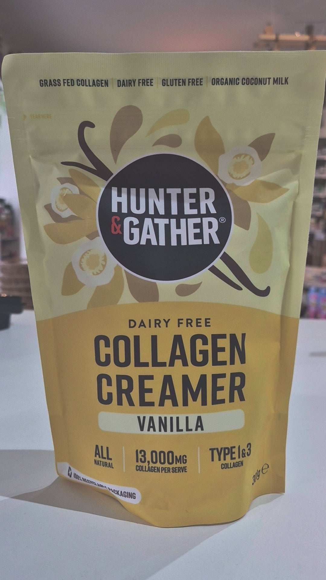 Packaging of Hunter & Gather Collagen Creamer in vanilla flavour on a white background