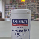 Lambert's L-Lysine HCI supplement bottle in a store setting