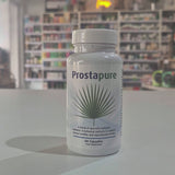 A bottle of Prostapure supplements with 60 capsules, labeled for supporting prostate health and reproductive health with a blend of nutrients and botanical extracts video. 