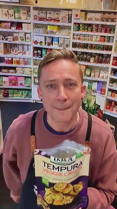 Packaging of DJ&A Tempura Veggie Crisps with images of vegetables video