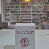 A bottle of Synaptaid Advanced Brain Support supplement with its packaging box, displaying the product name and brief description.