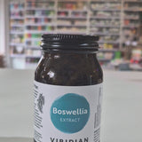 A bottle of Viridian Nutrition Boswellia Extract with 30 capsules, labeled in a clear and simple design primarily in white and blue colours in a shop video