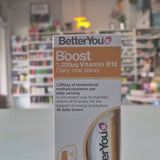 Packaging of Better You Boost B12 Oral Spray, showing the spray bottle and box with branding and product information in a shop video