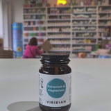 A bottle of Viridian Nutrition Potassium & Magnesium supplement with 30 capsules.