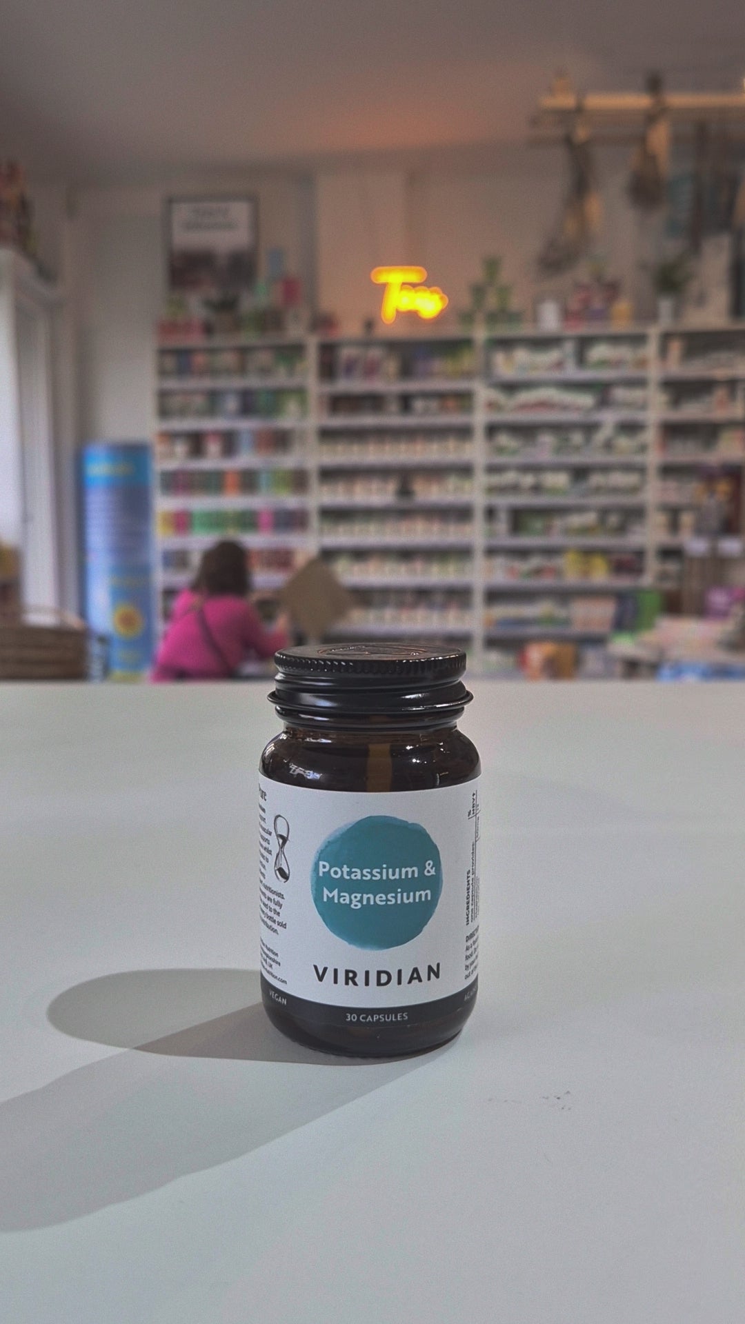A bottle of Viridian Nutrition Potassium & Magnesium supplement with 30 capsules.