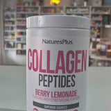 Nature's Plus Collagen Peptides in Berry Lemonade flavor, dietary supplement powder in a white container with pink and green text highlighting the product features Video