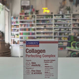 This image displays a package of Lamberts Collagen Complex, which contains 60 tablets aimed at supporting skin elasticity and reducing fine lines and wrinkles. The package is professionally designed, featuring a clear and informative graphic that illustrates the product's benefits and key ingredients.