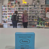 Fussy compostable deodorant refill packaging with a store in the background