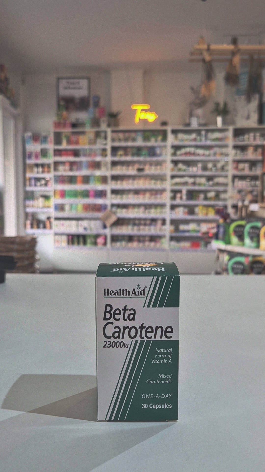 Box of Health Aid Beta Carotene 23000iu capsules with a label stating it is a natural form of Vitamin A and contains 30 capsules video. 