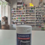 A bottle of Lamberts Prostex, which contains 320mg of beta sitosterols, vitamins, zinc, amino acids, and quercetin. The bottle is labeled with the product name and number of tablets, 90 tablets, and it's part of the professional range video. 