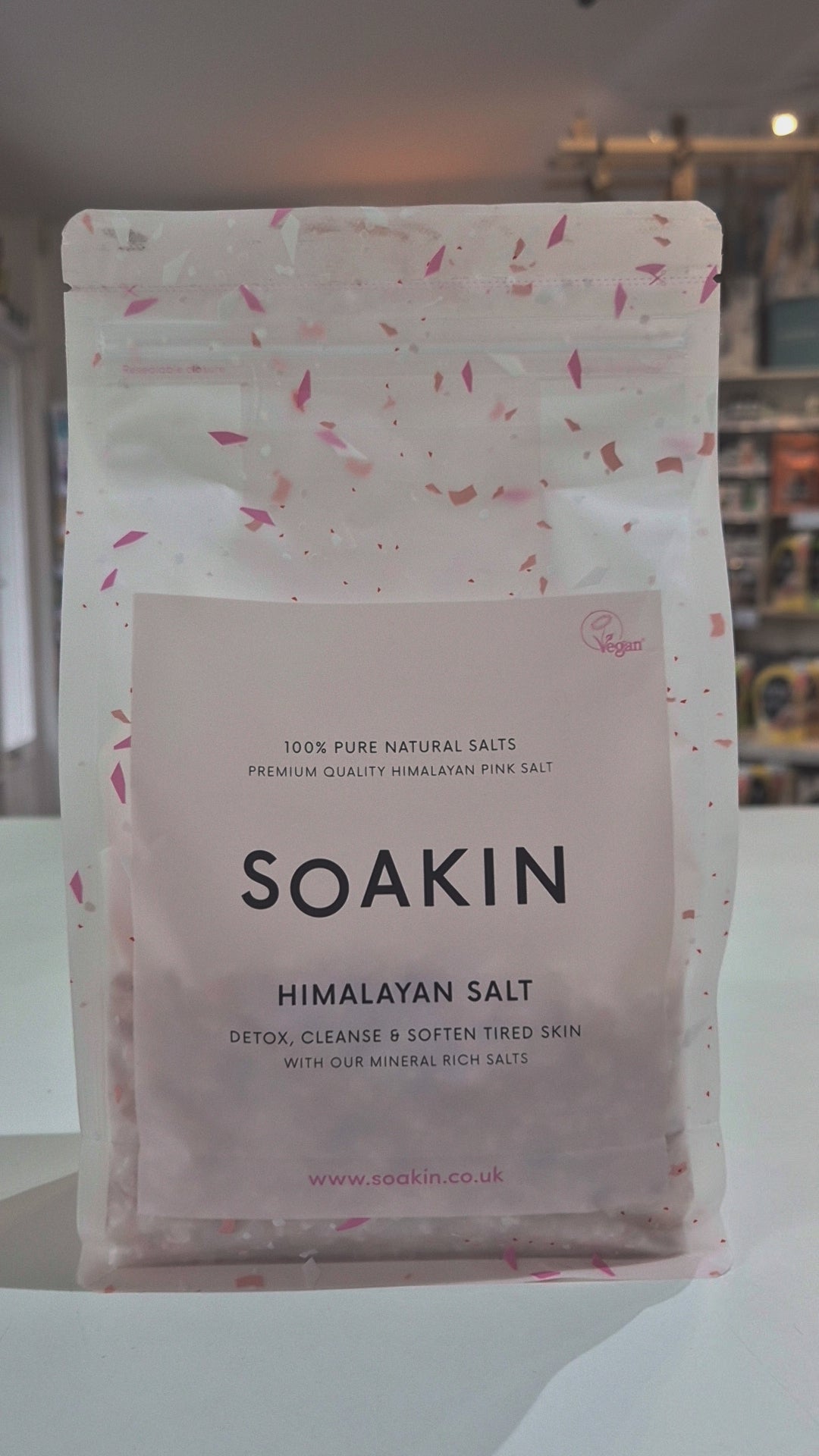 A package of Soakin Himalayan Salt with pink Himalayan salt crystals visible on the surface.