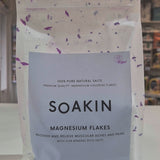 Bag of Soakin magnesium flakes with a visible label on a white background