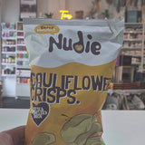 Nudie cheese and caramelised onion cauliflower crisps are gluten-free dairy free and only 99 calories per serving