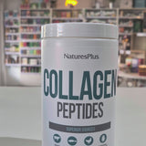Nature's Plus Collagen Peptides in a white container with a blue and green label, indicating the product is a food supplement, sourced from superior collagen-rich proteins, and weighs 280g video