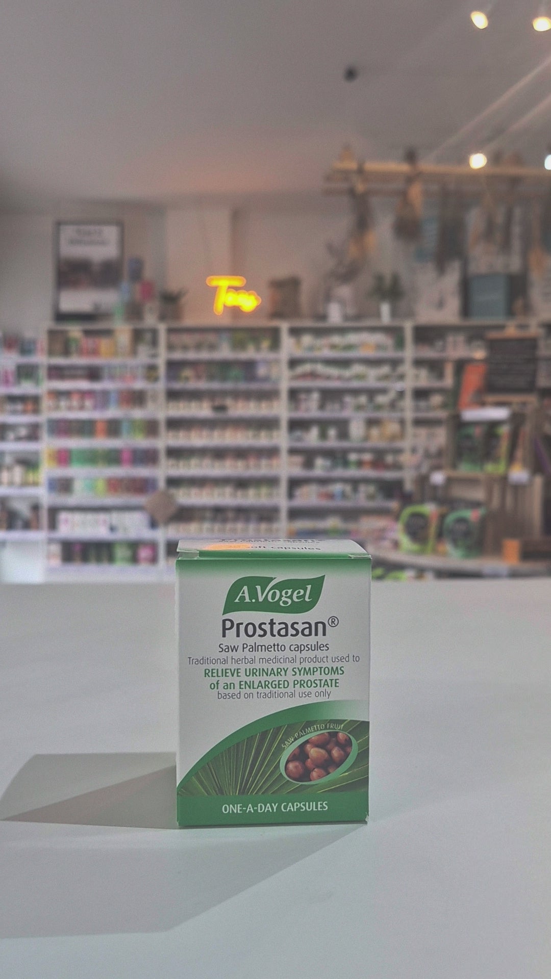 Box of A.Vogel Prostasan Saw Palmetto softgels for urinary symptoms relief due to an enlarged prostate video. 