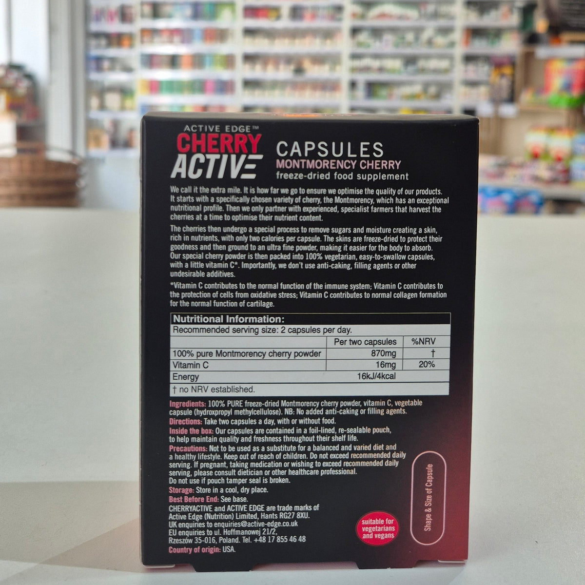 Supplement package with nutritional information on a shelf background