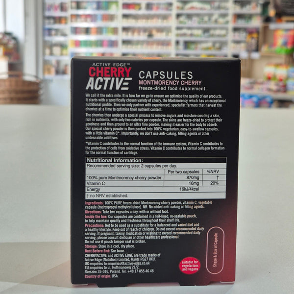 Supplement package with nutritional information on a shelf background