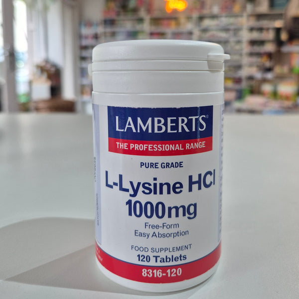 Lambert's L-Lysine HCI supplement bottle in a store setting