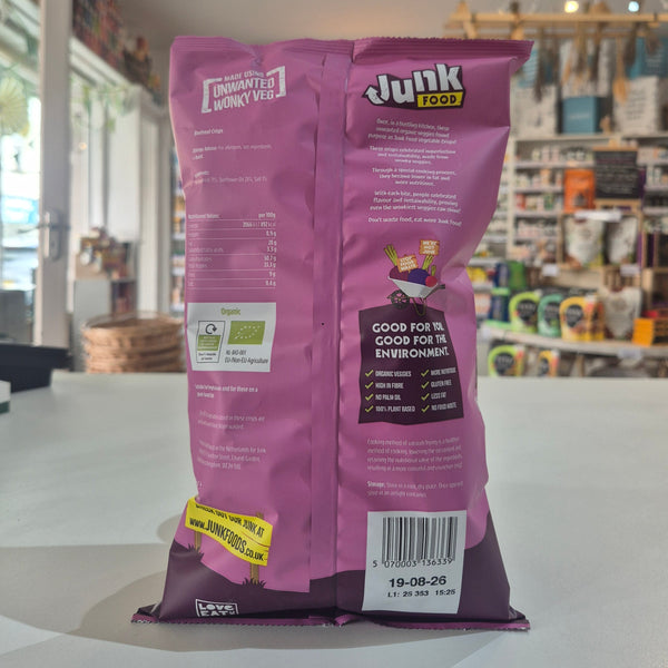 Purple 'Junk Food' packaging with text and branding on a white surface.