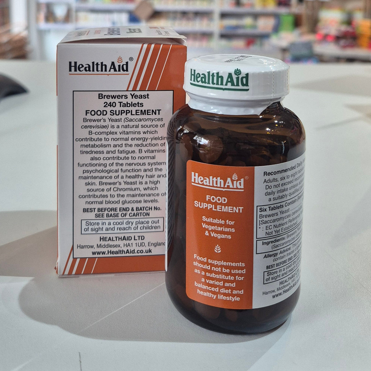 Health Aid Brewers Yeast supplement bottle and packaging on a surface