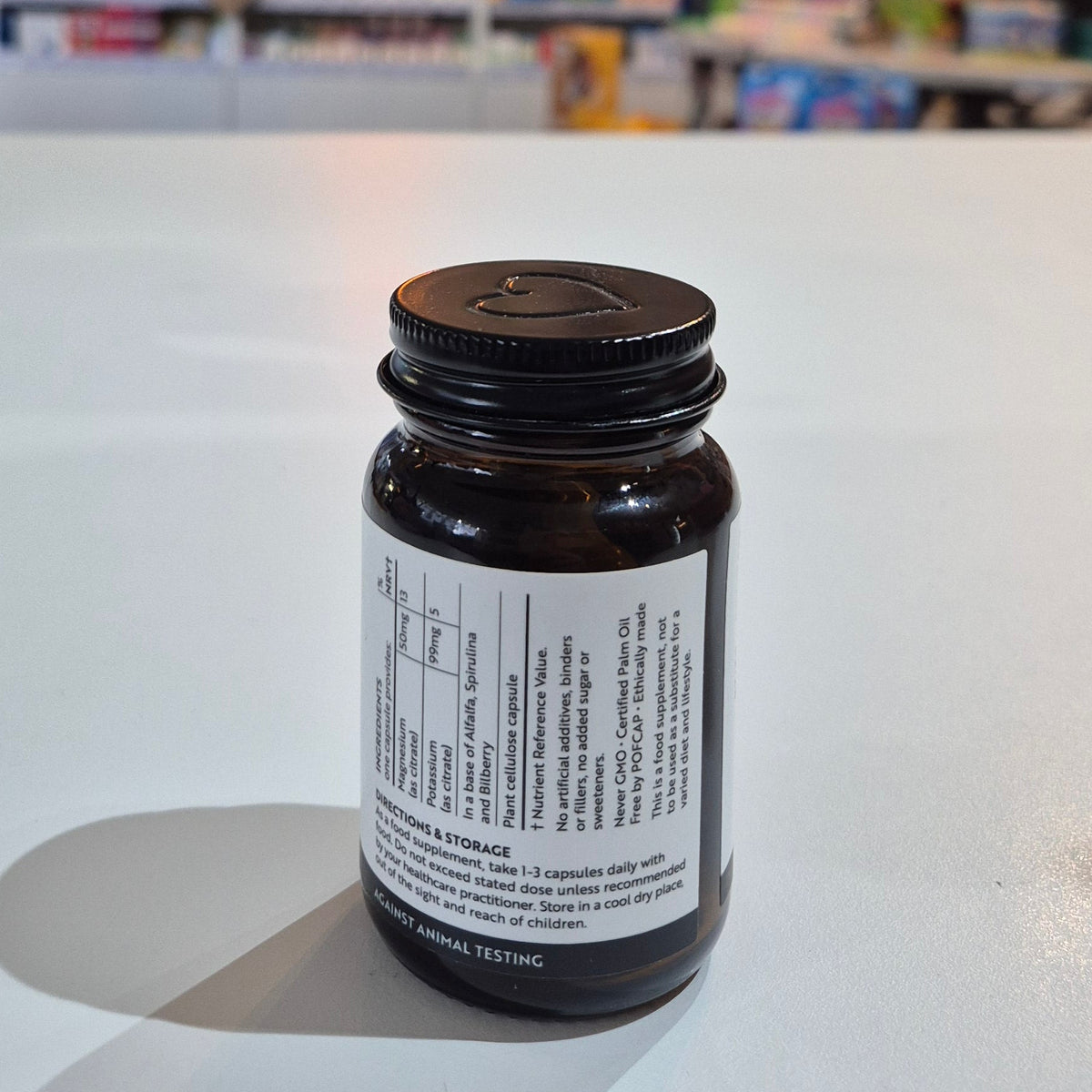 A bottle of Viridian Nutrition Potassium & Magnesium Citrate supplement with 30 capsules.