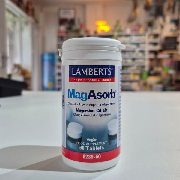 Lamberts MagAsorb supplement container on a counter in a store setting