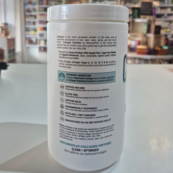 Collagen peptides container with label details on a blurred background