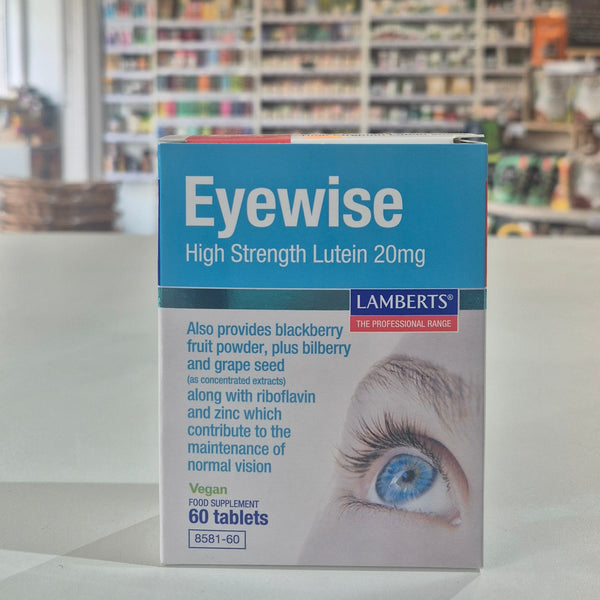 Eyewise high strength lutein supplement box with a blurred store background