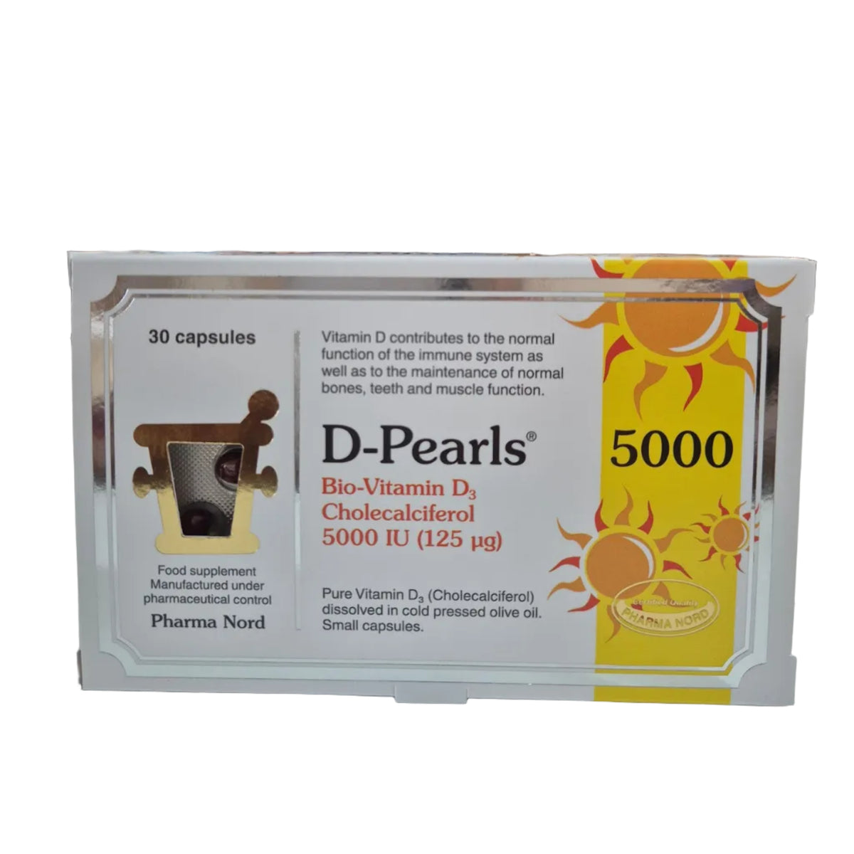 Box of D-Pearls Bio-Vitamin D3 capsules with vitamin information on a white background