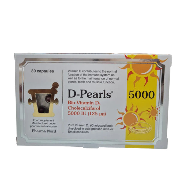 Box of D-Pearls Bio-Vitamin D3 capsules with vitamin information on a white background