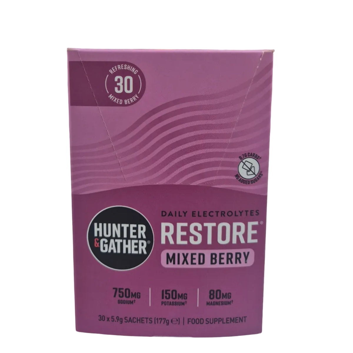 Purple package labeled 'Restore Mixed Berry' by 'Hunter & Gather' on a white surface with a white background.