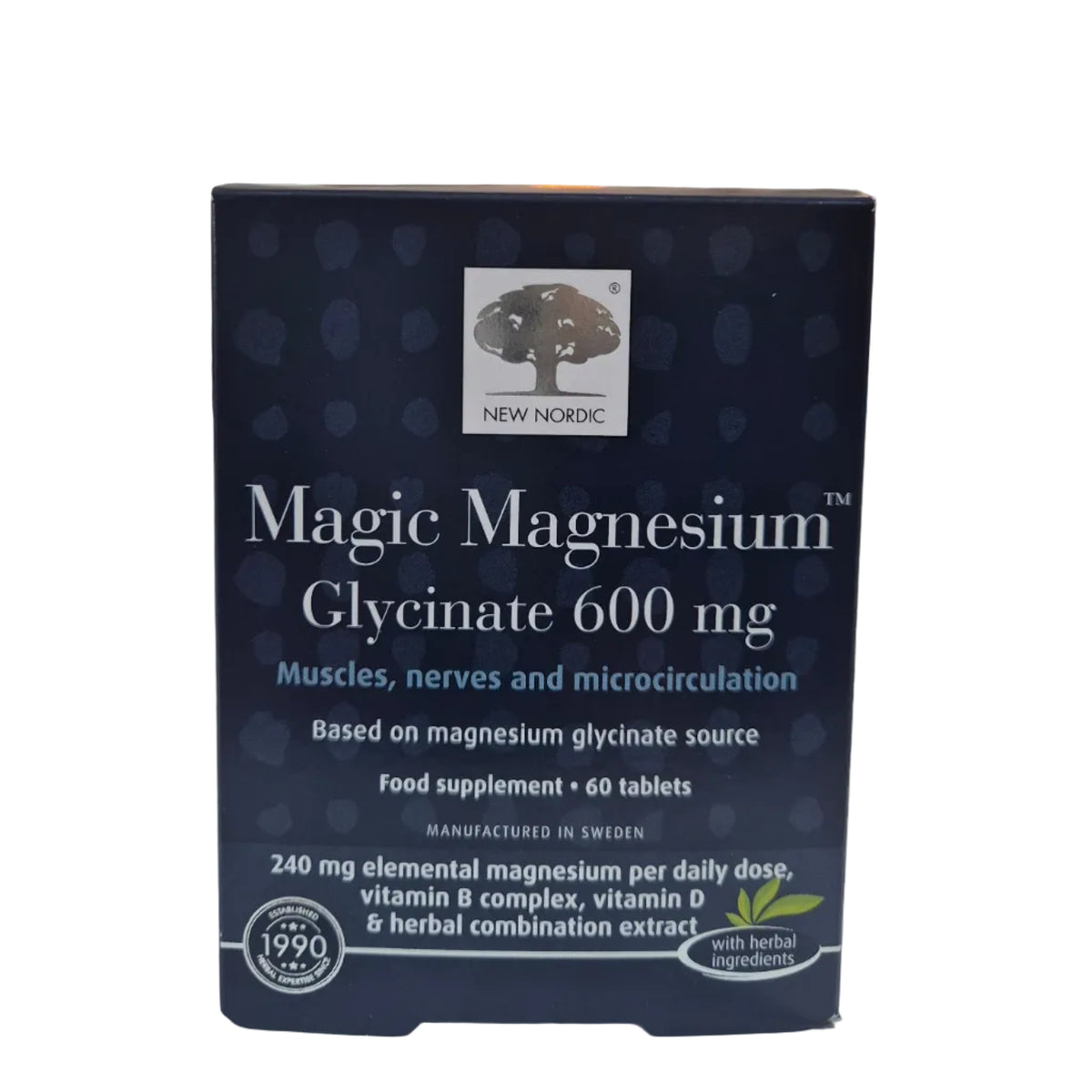 Box of New Nordic Magic Magnesium Glycinate 600 mg supplement on a white background