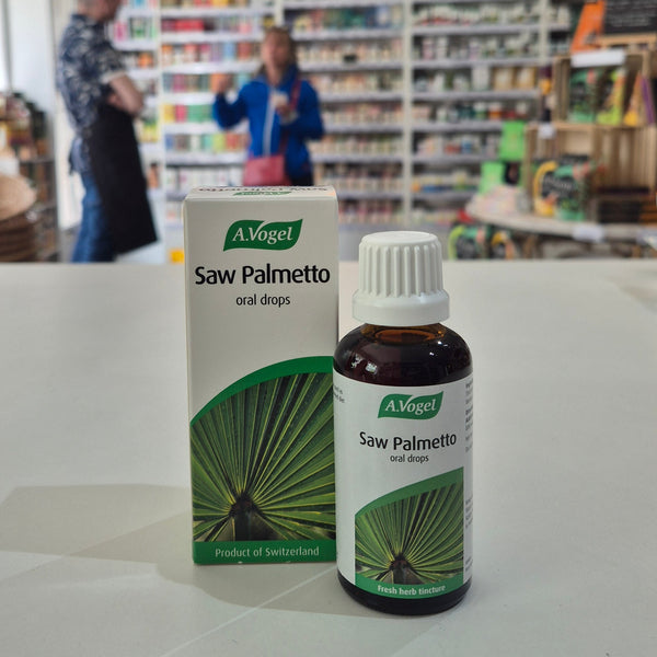 A.Vogel Saw Palmetto oral drops packaging on a counter with blurred store background