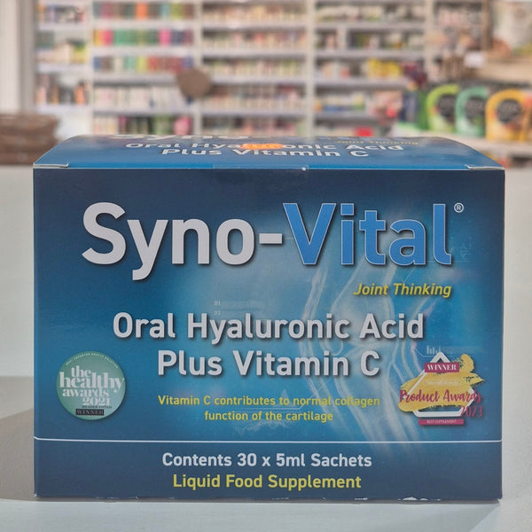 Syno-Vital Oral Hyaluronic Acid Plus Vitamin C packaging in a store setting