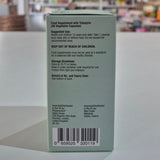 Back of a supplement packaging with text and bar code on a light background