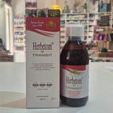 A bottle of Herbetom Transit herbal supplement and its matching cardboard box, displayed on a white shelf in a blurred retail store setting.