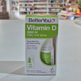 BetterYou Vitamin D3000 IU daily oral spray packaging on a white surface with a blurred background.