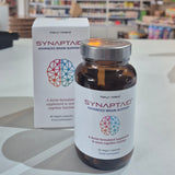 A bottle of Synaptaid Advanced Brain Support supplement with its packaging box, displaying the product name and brief description.