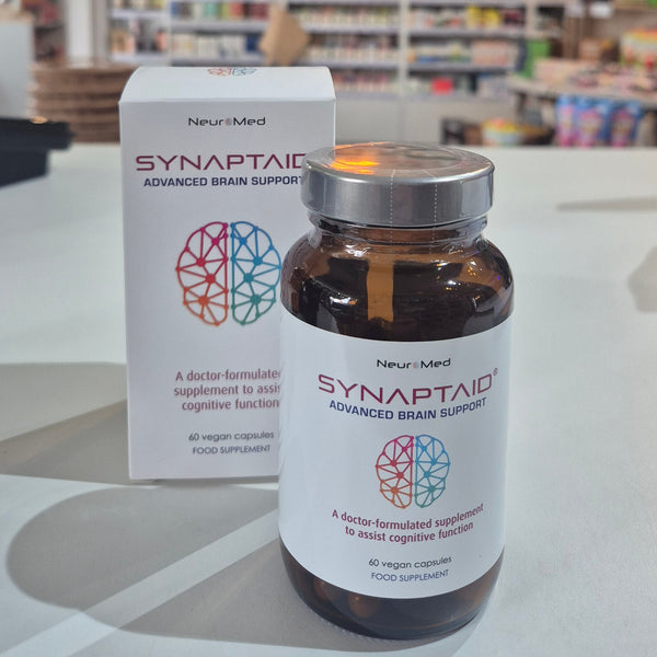 A bottle of Synaptaid Advanced Brain Support supplement with its packaging box, displaying the product name and brief description.